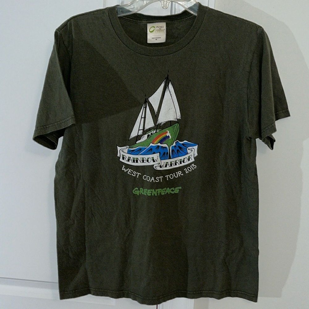 Vintage Olive Green Greenpeace Rainbow Warrior 2013 West Coast Tour Tee T Shirt